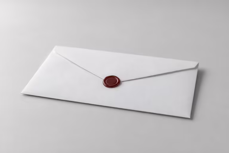 A plain white envelope lying sealed on a grey surface, one small dark red wax dot at the seal