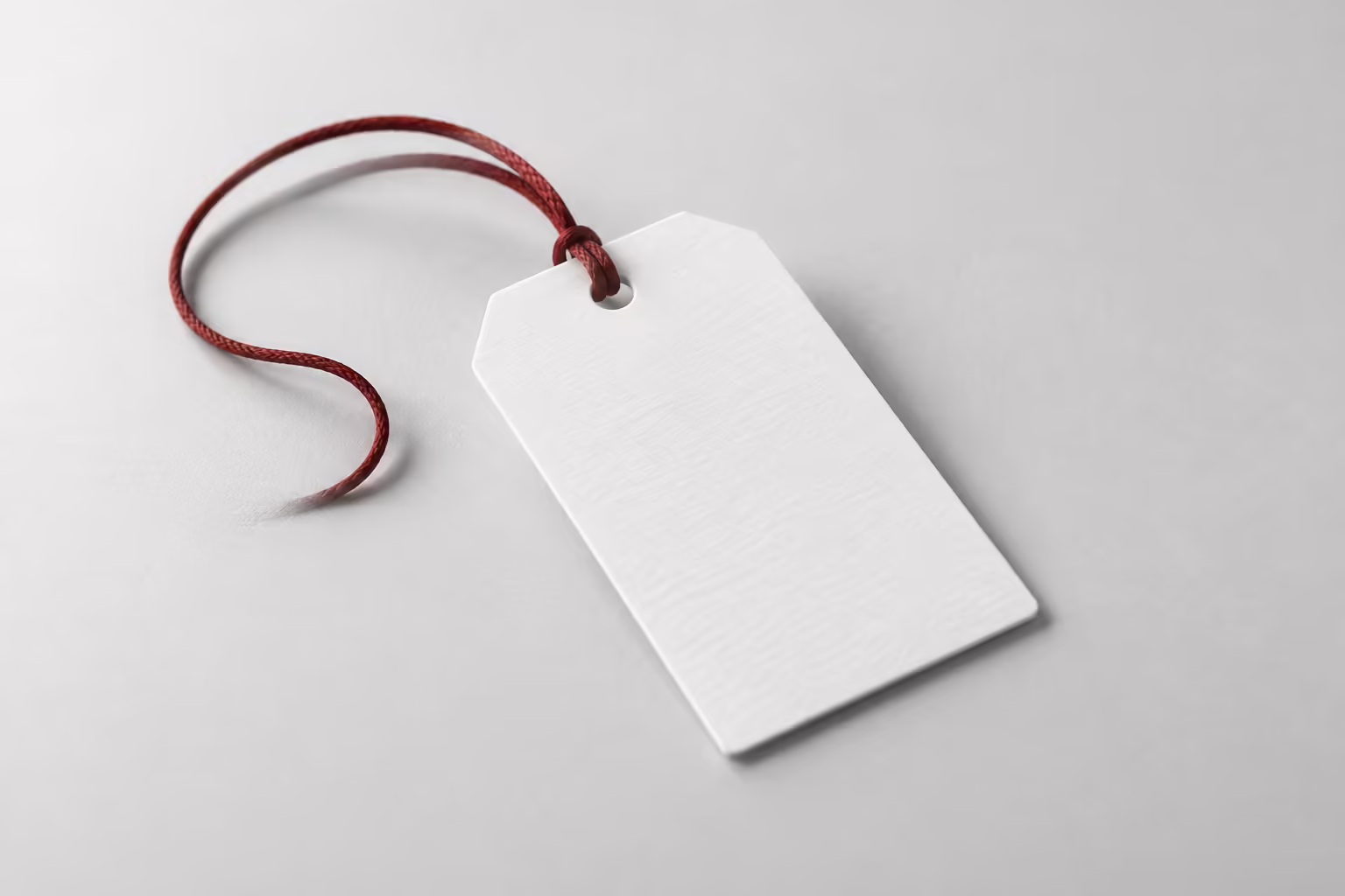 A blank white luggage tag on a grey surface with a thin dark red cord loop